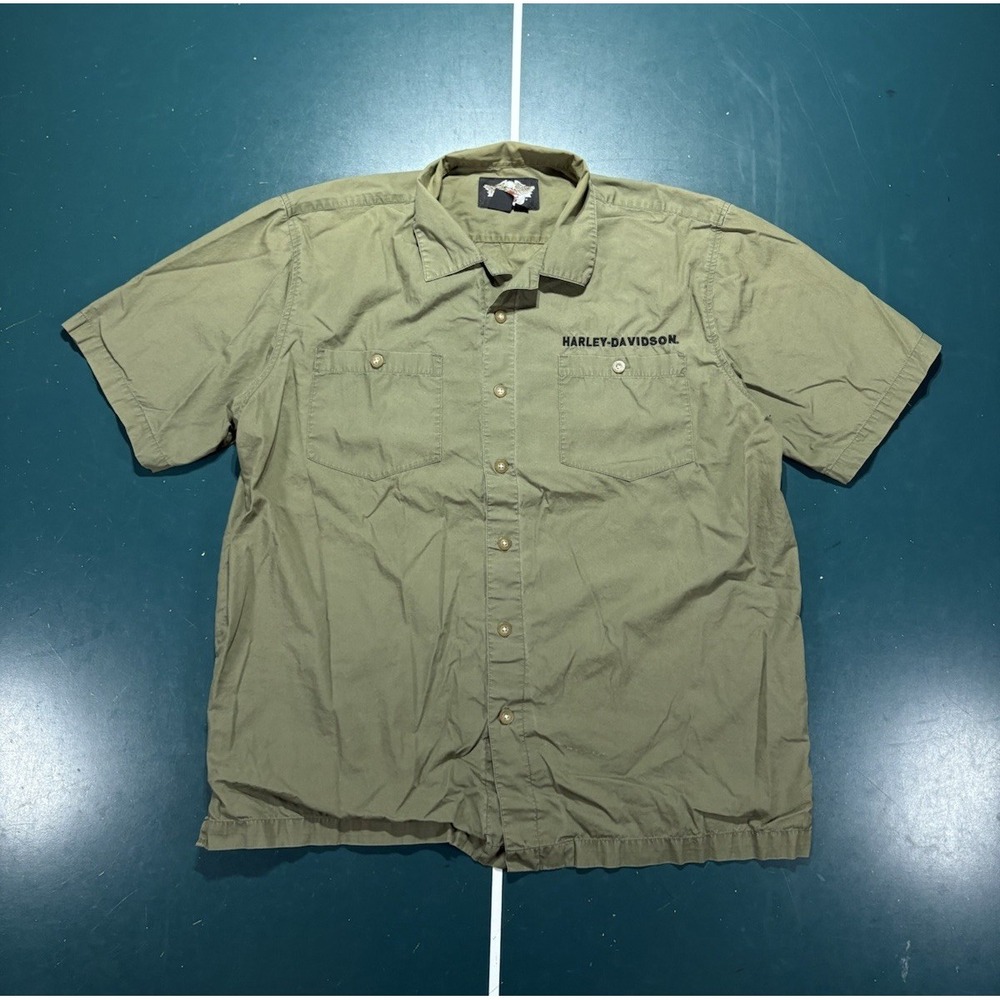 Harley-Davidson Short Sleeve Button Down Shirt Men's XL Olive Green Black Biker